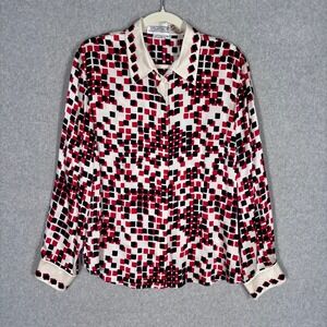 Vintage Starington 100%‎ Silk Button Up Blouse Shirt 14 Red Black Mod Abstract
